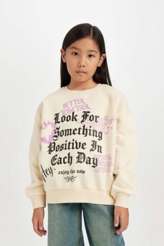 Kız Çocuk Relax Fit Bisiklet Yaka Baskılı Sweatshirt