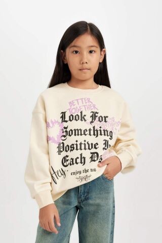Kız Çocuk Relax Fit Bisiklet Yaka Baskılı Sweatshirt