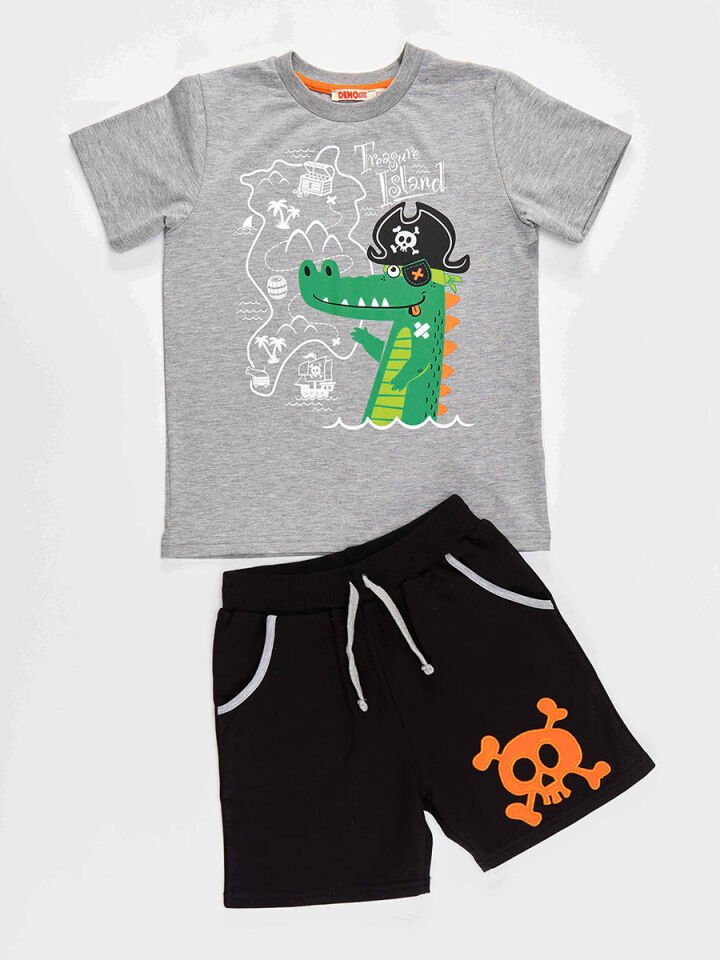 Korsan Timsah Erkek Çocuk T-shirt Şort Takım 7 Y - Gri, Siyah