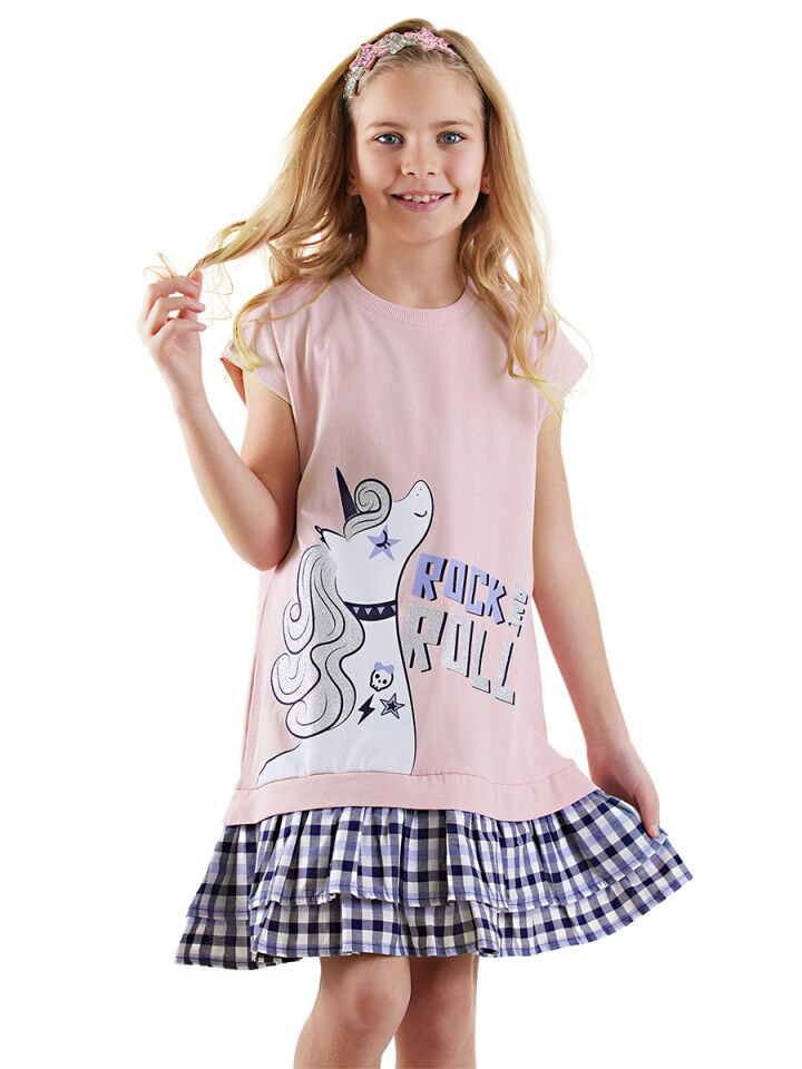 Unicorn Rock Kız Çocuk Ekose Elbise 5 Y - Pembe