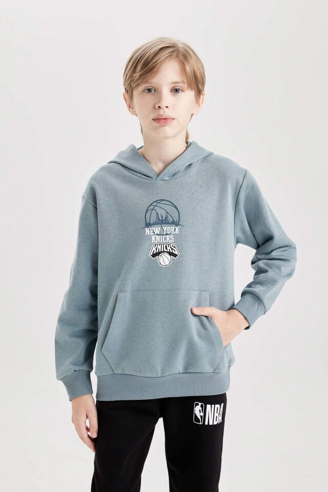 Erkek Çocuk NBA New York Knicks Kapüşonlu Sırt Baskılı Kalın Sweatshirt
