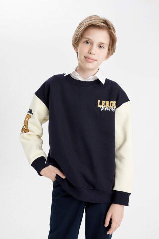 Erkek Çocuk Oversize Geniş Kalıp Bisiklet Yaka Baskılı Kalın Sweatshirt
