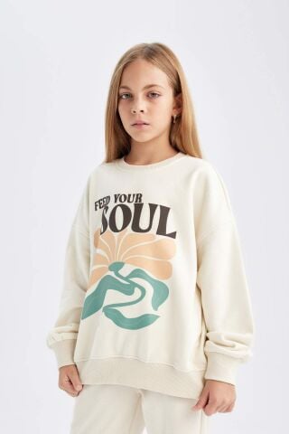 Kız Çocuk Oversize Geniş Kalıp Bisiklet Yaka Baskılı Sweatshirt