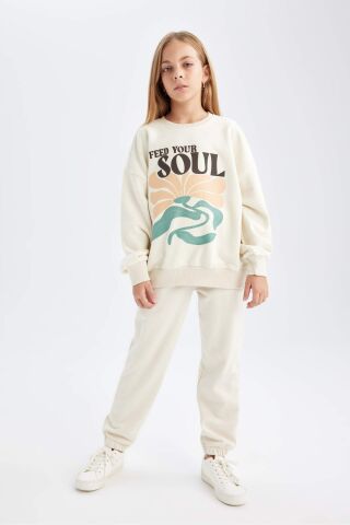 Kız Çocuk Oversize Geniş Kalıp Bisiklet Yaka Baskılı Sweatshirt