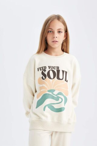 Kız Çocuk Oversize Geniş Kalıp Bisiklet Yaka Baskılı Sweatshirt