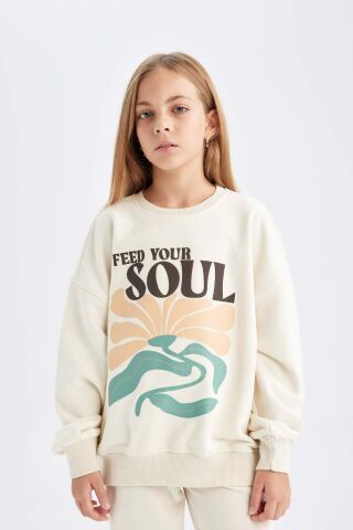 Kız Çocuk Oversize Geniş Kalıp Bisiklet Yaka Baskılı Sweatshirt