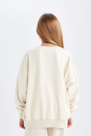 Kız Çocuk Oversize Geniş Kalıp Bisiklet Yaka Baskılı Sweatshirt
