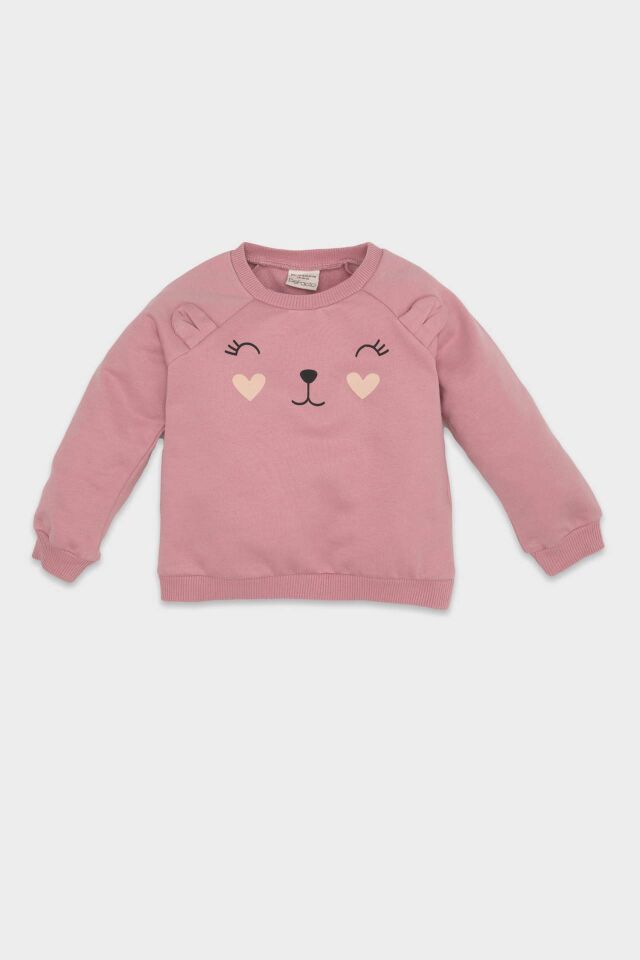 Kız Bebek Bisiklet Yaka Baskılı İçi Yumuşak Tüylü Sweatshirt