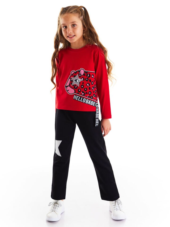 Hello Leo Kız Çocuk T-shirt Pantolon Takım 4 Y - Kırmızı, Siyah
