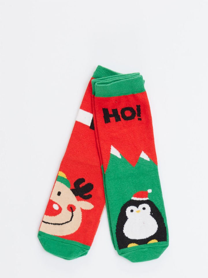 Geyik&Penguen Unisex Çocuk 2li Çorap Takım 10-11 Y - Kırmızı, yeşil