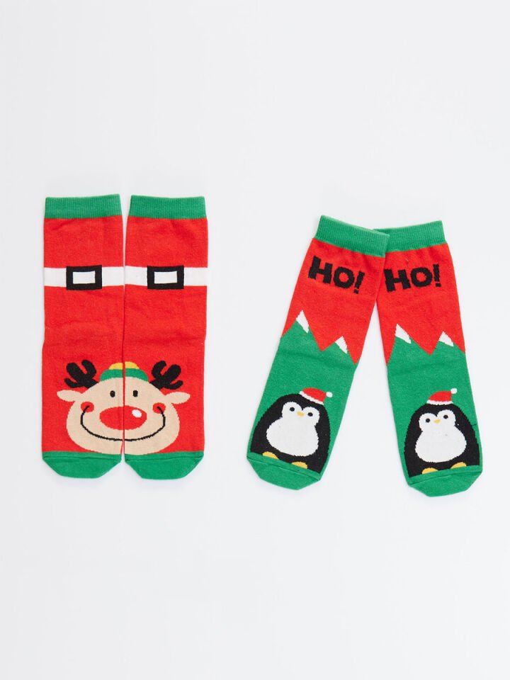 Geyik&Penguen Unisex Çocuk 2li Çorap Takım 4-5 Y - Kırmızı, yeşil