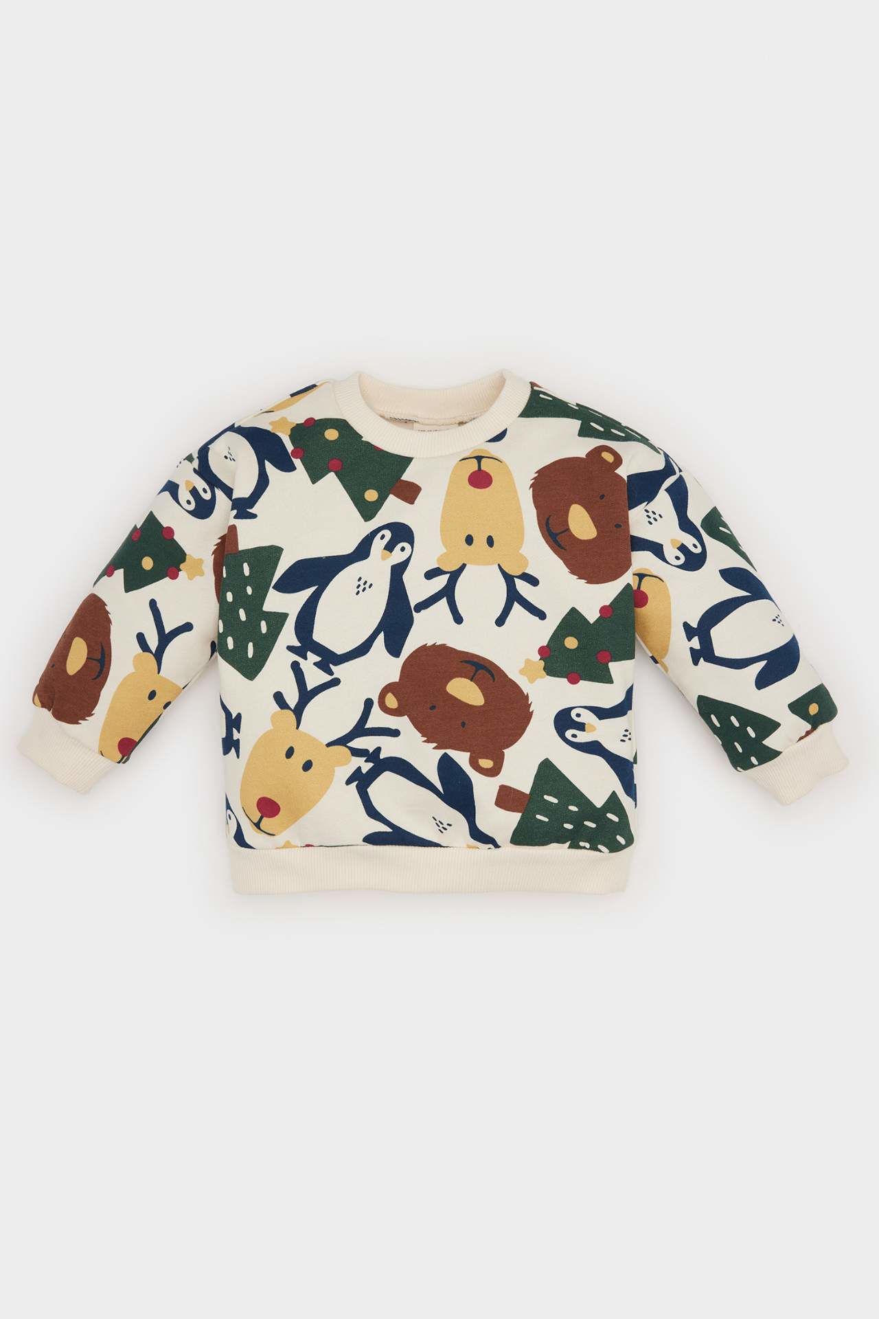 Erkek Bebek Bisiklet Yaka Yılbaşı Temalı Baskılı İçi Yumuşak Tüylü Sweatshirt