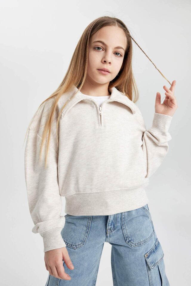 Kız Çocuk Yakalı Yarım Fermuarlı Kol Baskılı Sweatshirt