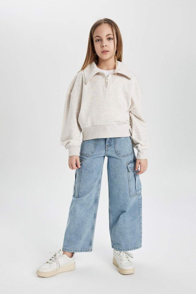 Kız Çocuk Yakalı Yarım Fermuarlı Kol Baskılı Sweatshirt