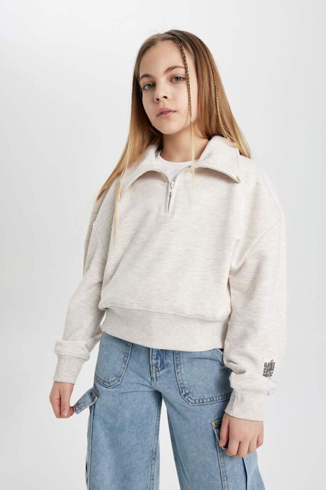 Kız Çocuk Yakalı Yarım Fermuarlı Kol Baskılı Sweatshirt