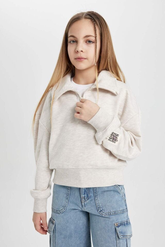 Kız Çocuk Yakalı Yarım Fermuarlı Kol Baskılı Sweatshirt