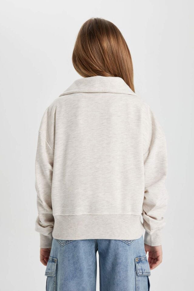 Kız Çocuk Yakalı Yarım Fermuarlı Kol Baskılı Sweatshirt