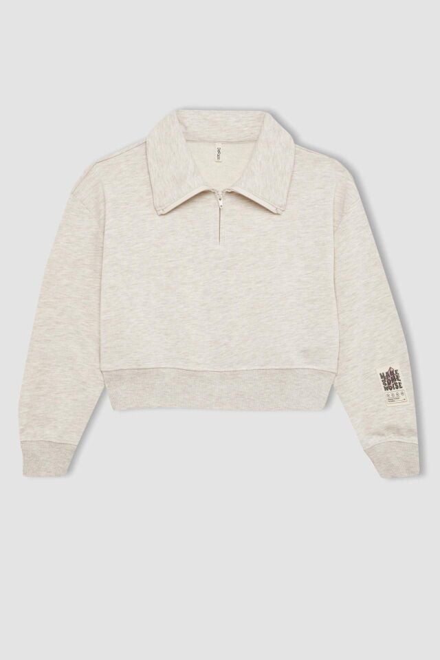 Kız Çocuk Yakalı Yarım Fermuarlı Kol Baskılı Sweatshirt