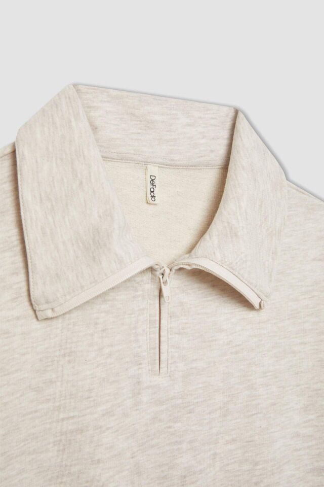 Kız Çocuk Yakalı Yarım Fermuarlı Kol Baskılı Sweatshirt