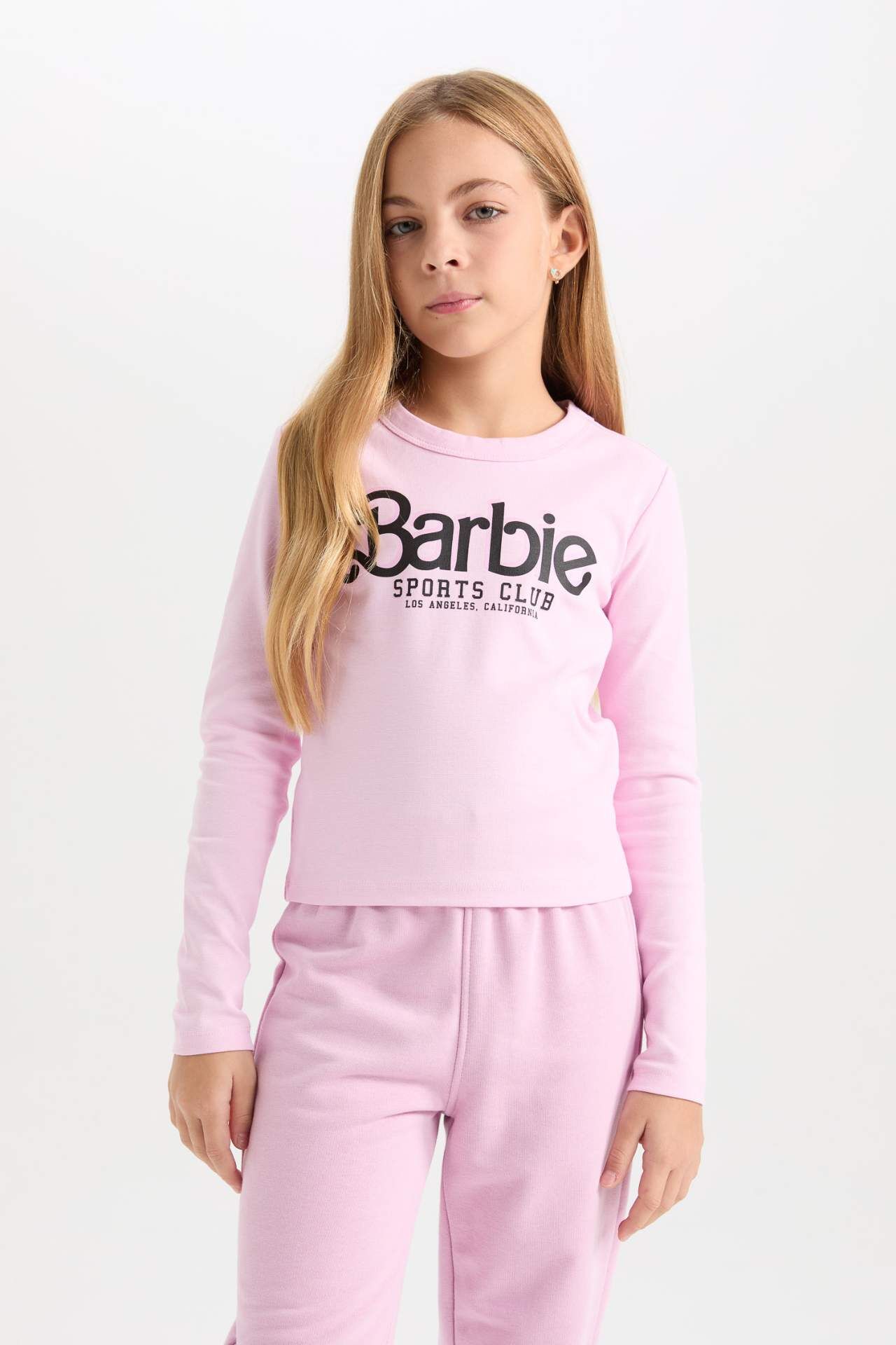 Kız Çocuk Barbie Cropped Fit Bisiklet Yaka Baskılı Fitilli Kaşkorse Uzun Kollu Tişört