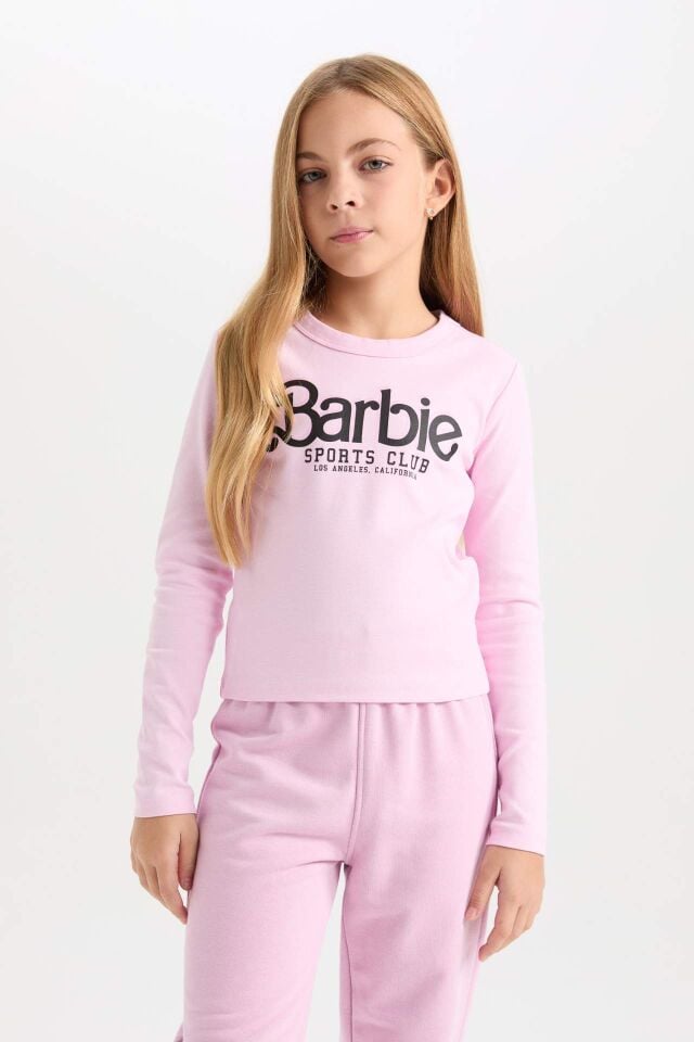 Kız Çocuk Barbie Cropped Fit Bisiklet Yaka Baskılı Fitilli Kaşkorse Uzun Kollu Tişört
