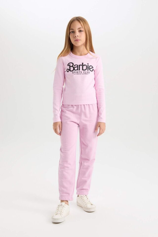 Kız Çocuk Barbie Cropped Fit Bisiklet Yaka Baskılı Fitilli Kaşkorse Uzun Kollu Tişört