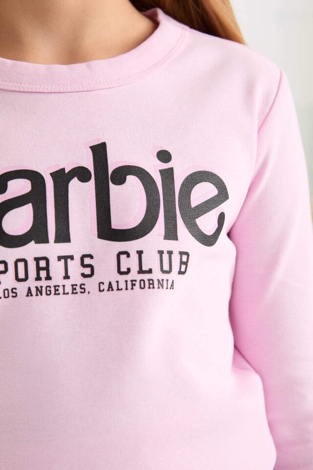 Kız Çocuk Barbie Cropped Fit Bisiklet Yaka Baskılı Fitilli Kaşkorse Uzun Kollu Tişört
