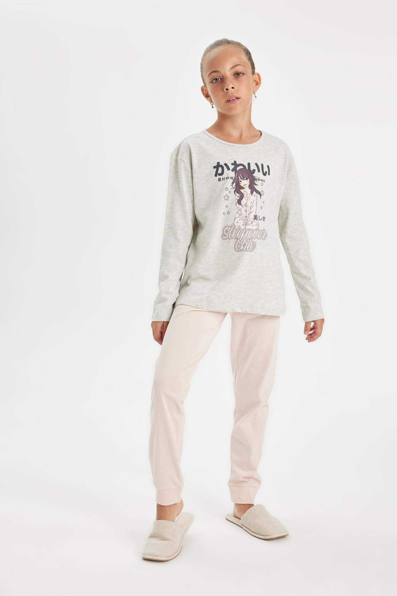 Kız Çocuk Pijama Takım Baskılı Uzun Kollu Üst Beli Lastikli Uzun Alt