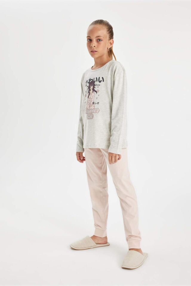 Kız Çocuk Pijama Takım Baskılı Uzun Kollu Üst Beli Lastikli Uzun Alt