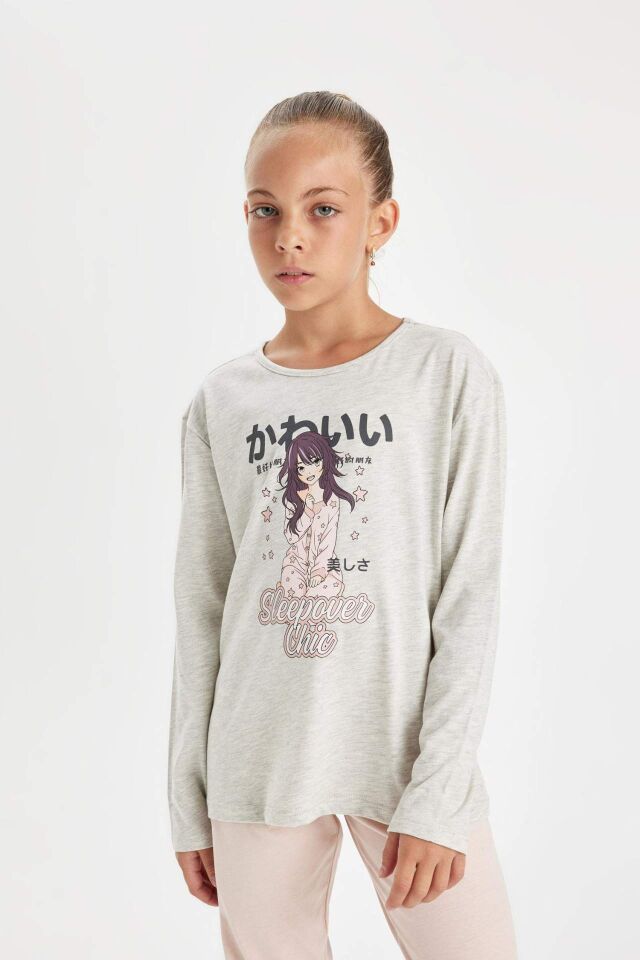 Kız Çocuk Pijama Takım Baskılı Uzun Kollu Üst Beli Lastikli Uzun Alt