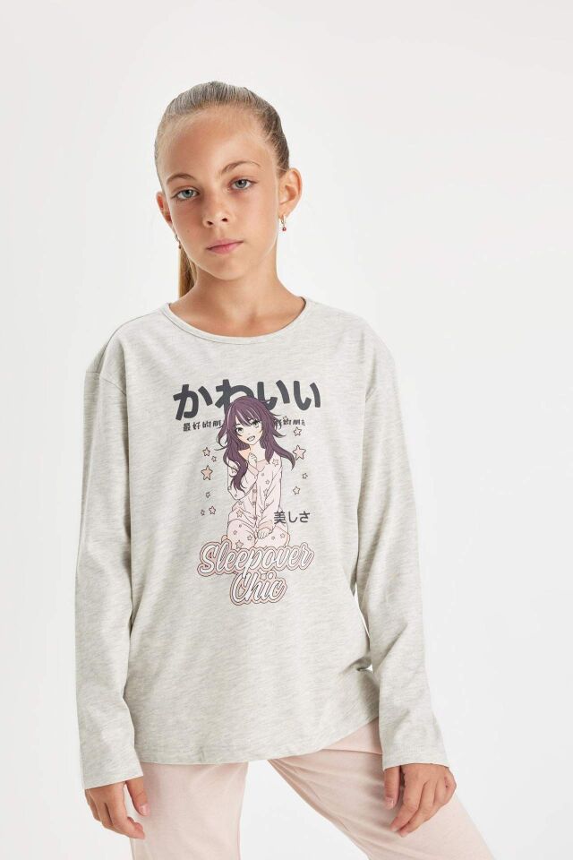 Kız Çocuk Pijama Takım Baskılı Uzun Kollu Üst Beli Lastikli Uzun Alt