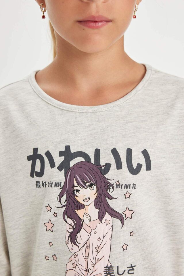 Kız Çocuk Pijama Takım Baskılı Uzun Kollu Üst Beli Lastikli Uzun Alt