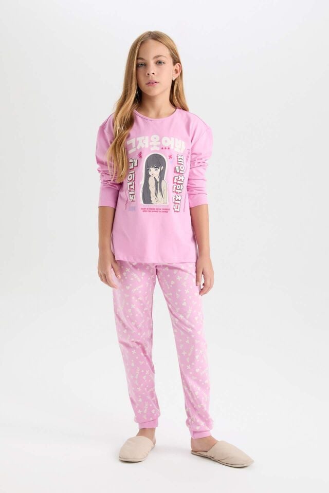 Kız Çocuk Pijama Takımı Baskılı Uzun Kollu Üst Uzun Alt