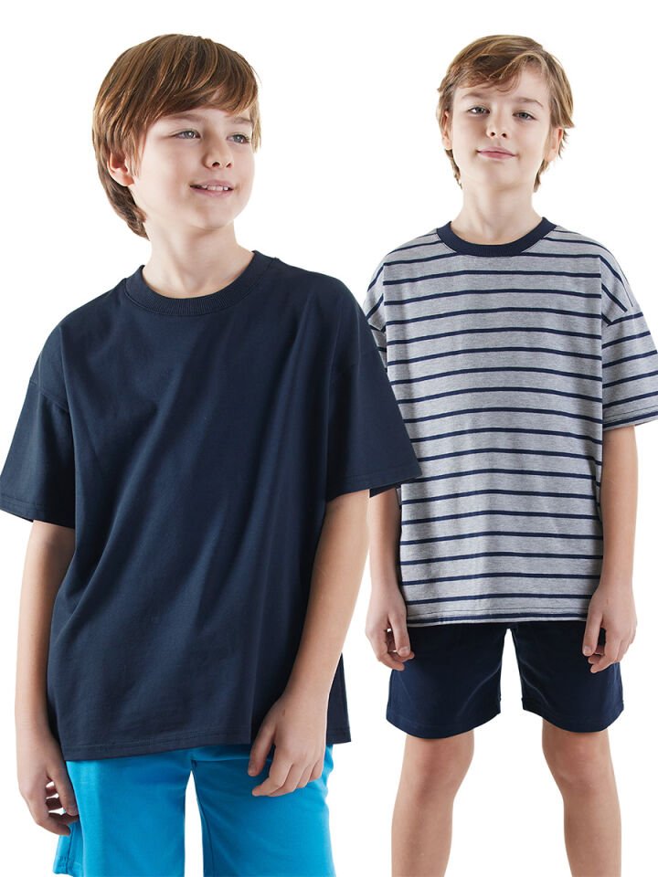 Erkek Çocuk Basic Oversize 2'li T-shirt Takım 6 Y - Lacivert