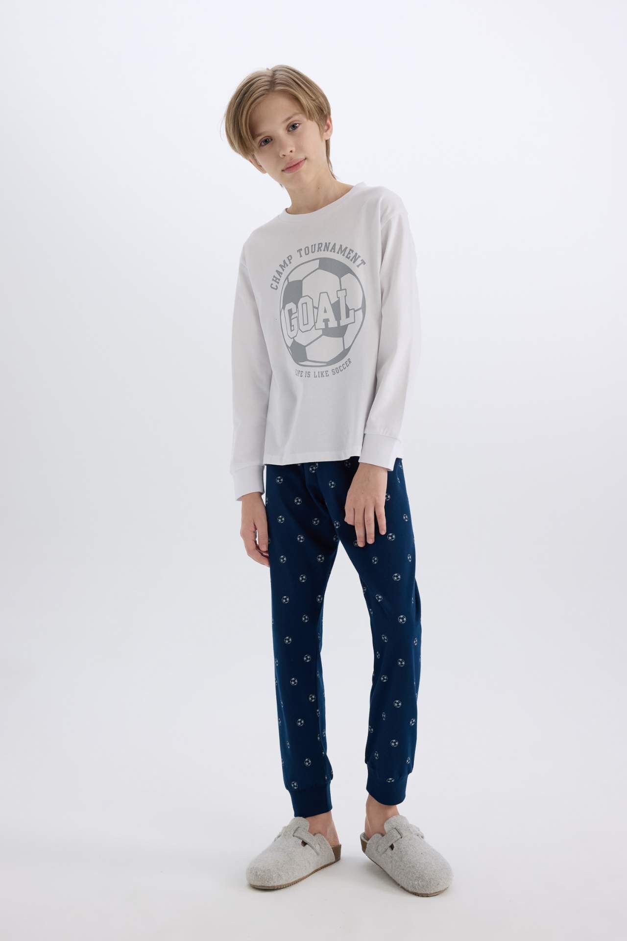 Erkek Çocuk Pijama Takımı Bisiklet Yaka Baskılı Uzun Kollu Üst Desenli Alt