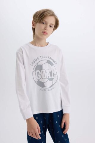 Erkek Çocuk Pijama Takımı Bisiklet Yaka Baskılı Uzun Kollu Üst Desenli Alt
