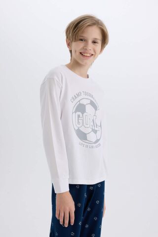 Erkek Çocuk Pijama Takımı Bisiklet Yaka Baskılı Uzun Kollu Üst Desenli Alt