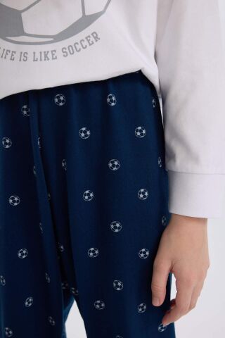 Erkek Çocuk Pijama Takımı Bisiklet Yaka Baskılı Uzun Kollu Üst Desenli Alt