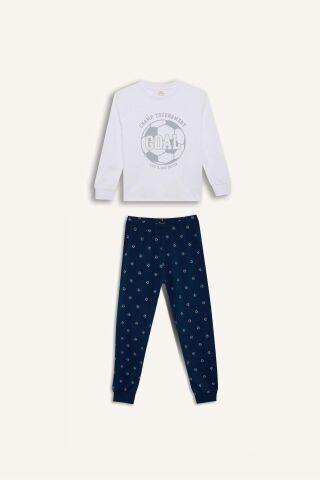 Erkek Çocuk Pijama Takımı Bisiklet Yaka Baskılı Uzun Kollu Üst Desenli Alt