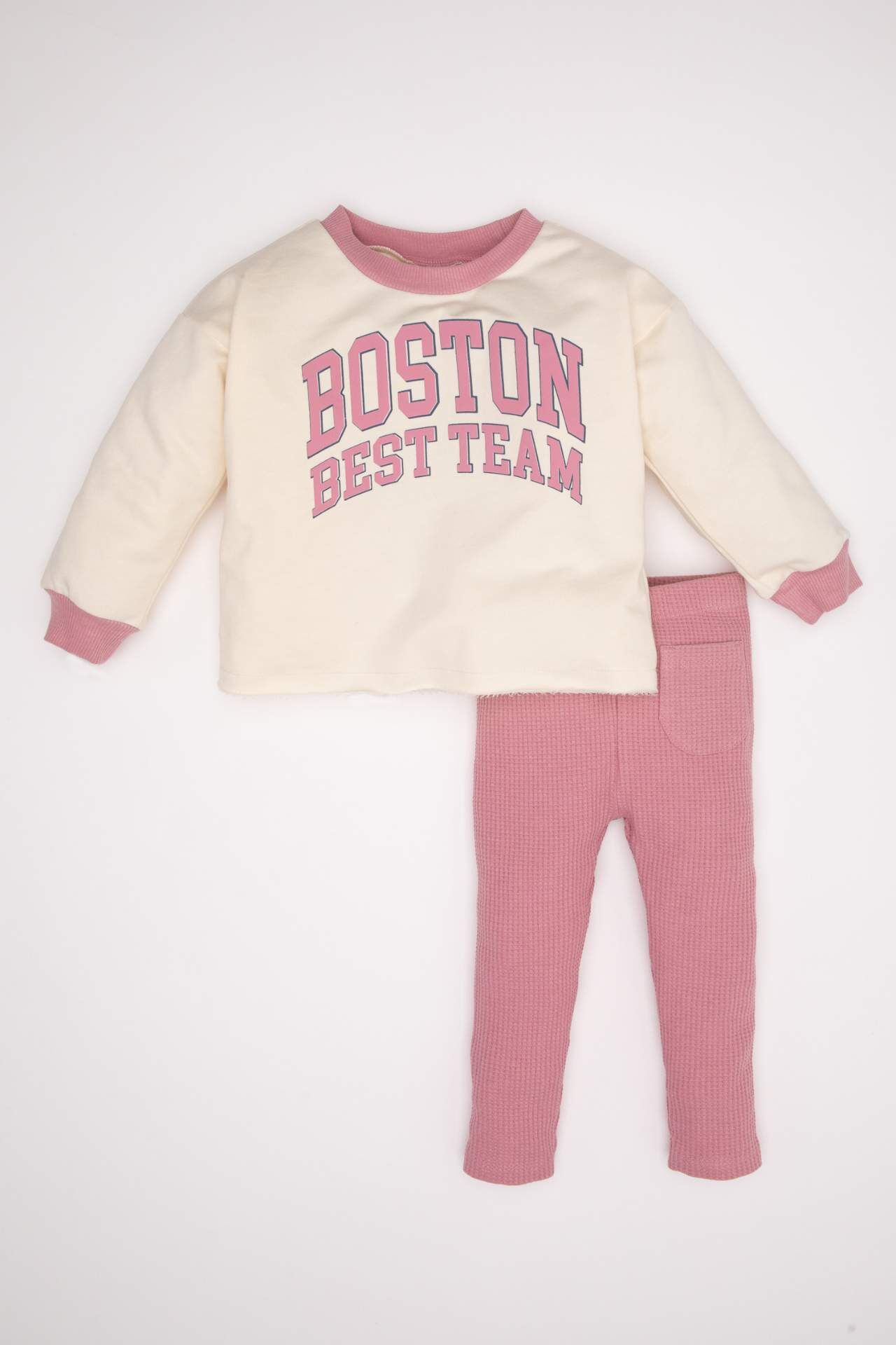 Kız Bebek 2'li Takım Bisiklet Yaka Baskılı Sweatshirt Beli Lastikli Tayt