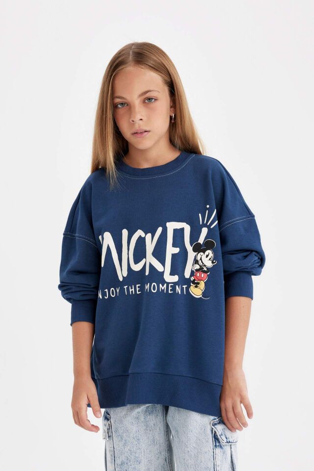 Kız Çocuk Disney Mickey & Minnie Oversize Geniş Kalıp Bisiklet Yaka Sweatshirt