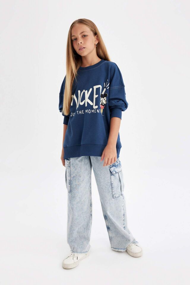 Kız Çocuk Disney Mickey & Minnie Oversize Geniş Kalıp Bisiklet Yaka Sweatshirt