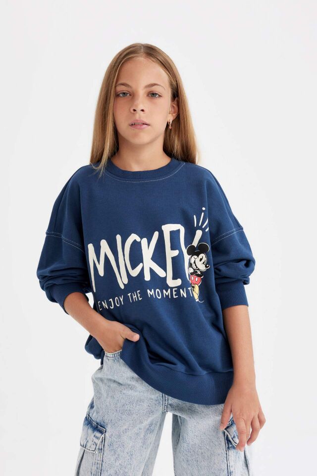 Kız Çocuk Disney Mickey & Minnie Oversize Geniş Kalıp Bisiklet Yaka Sweatshirt