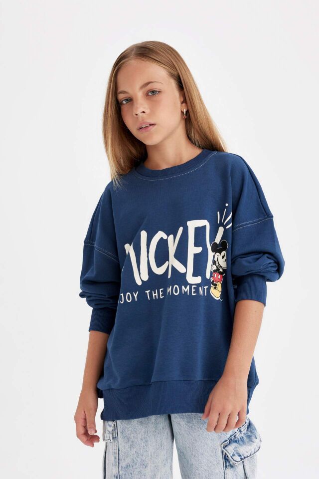 Kız Çocuk Disney Mickey & Minnie Oversize Geniş Kalıp Bisiklet Yaka Sweatshirt