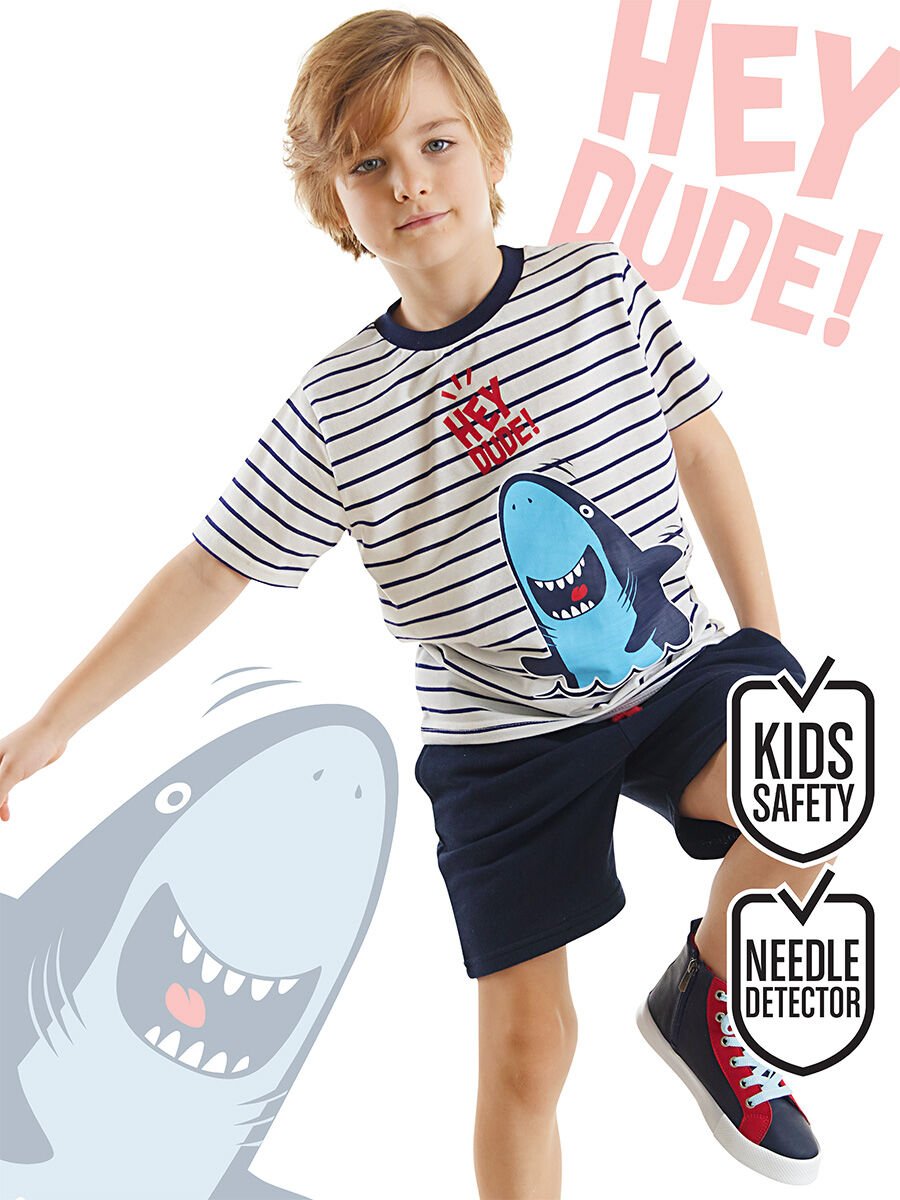 Dude Shark Erkek Çocuk T-shirt Şort Takım 3 Y - Lacivert, Beyaz