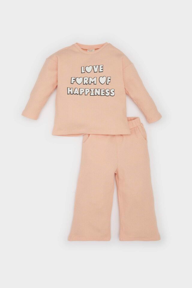 Kız Bebek 2'li Takım Waffle Bisiklet Yaka Baskılı Sweatshirt Beli Lastikli Geniş Bol Paça Eşofman Altı
