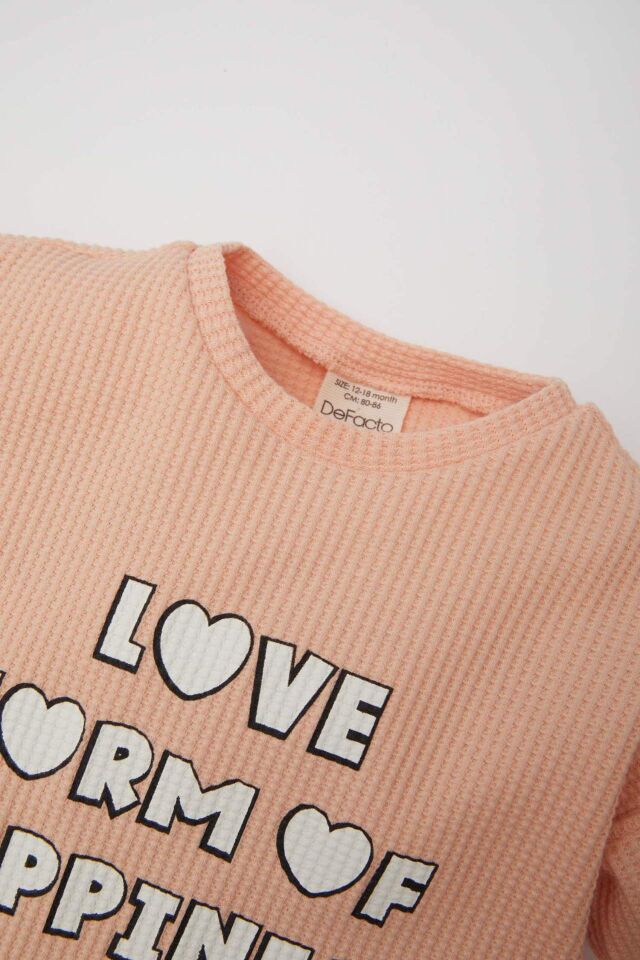 Kız Bebek 2'li Takım Waffle Bisiklet Yaka Baskılı Sweatshirt Beli Lastikli Geniş Bol Paça Eşofman Altı