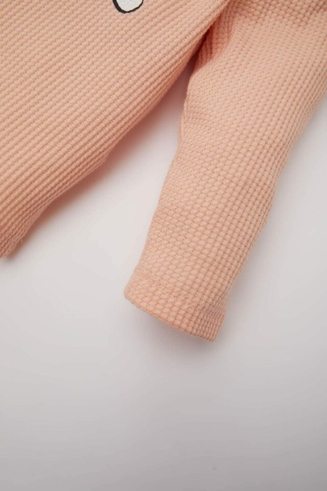 Kız Bebek 2'li Takım Waffle Bisiklet Yaka Baskılı Sweatshirt Beli Lastikli Geniş Bol Paça Eşofman Altı