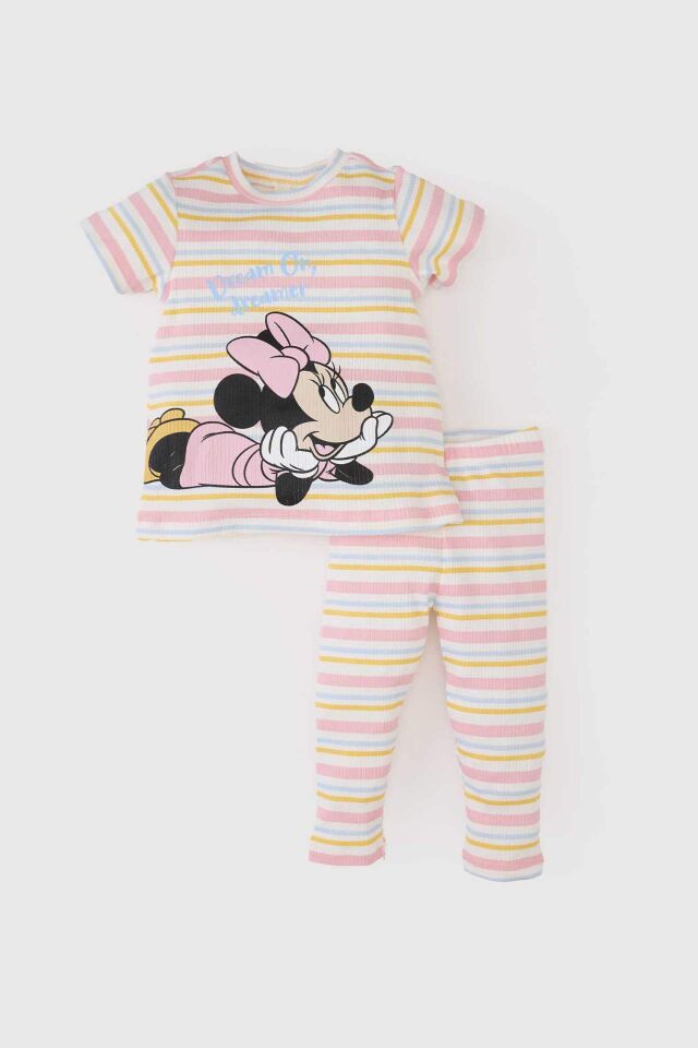 Kız Bebek Disney Mickey & Minnie Pijama Takımı Fitilli Kaşkorse Kısa Kollu Üst Beli Lastikli Uzun Alt