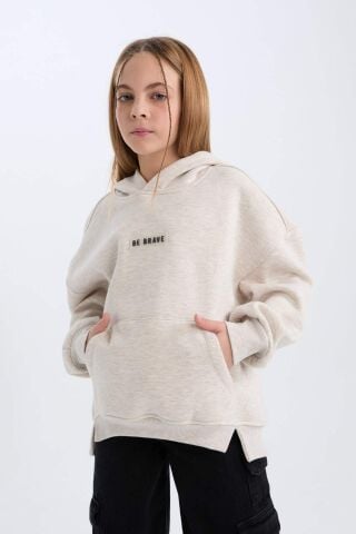 Kız Çocuk Oversize Geniş Kalıp Kapüşonlu  Baskılı İçi Yumuşak Tüylü Kalın Sweatshirt